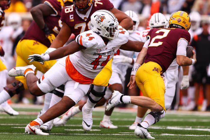 Bowling Green Falcons defensive lineman Karl Brooks (44) sacks Minnesota Gophers quarterback Tanner Morgan (2). Mandatory Credit: Harrison Barden-USA TODAY Sports